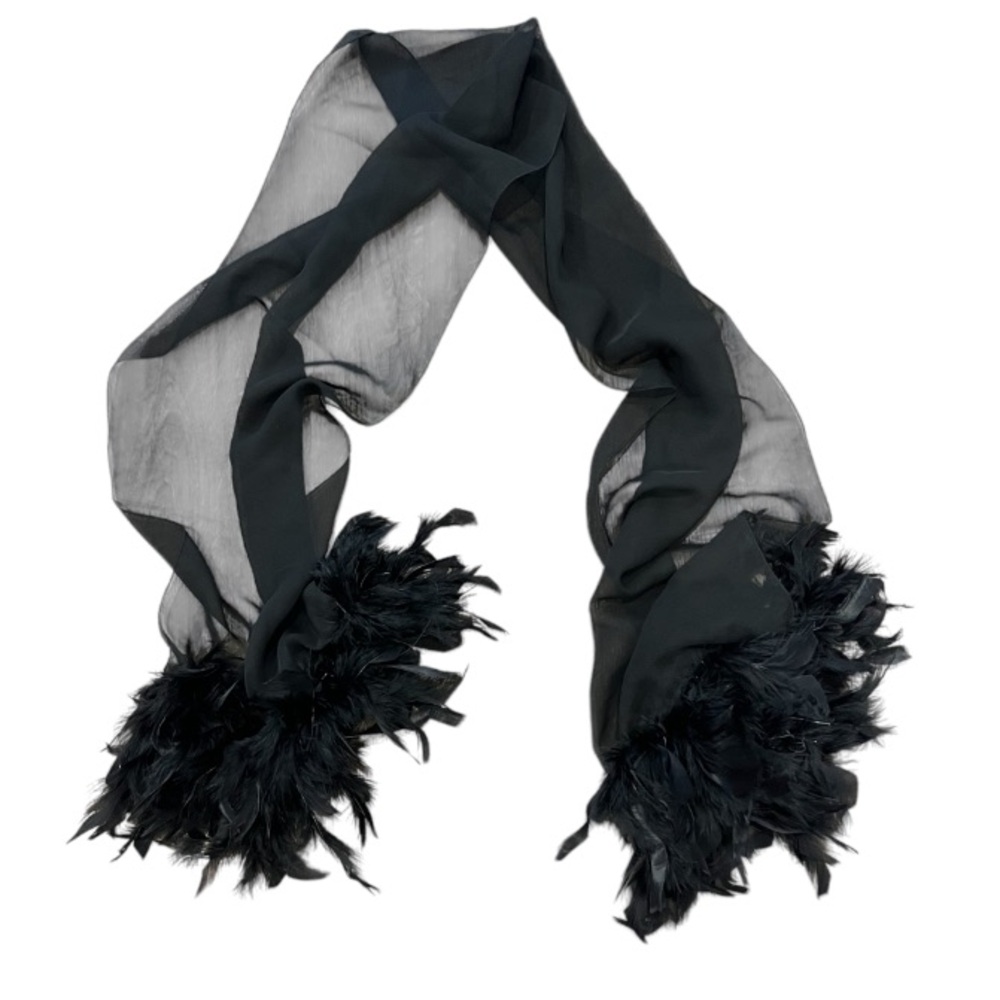 Vintage sheer black scarf with feathers